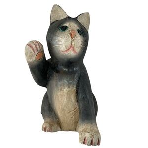 Wooden Carved Cat Black Cream Folk Art Doorstop Cat Sculpture Solid